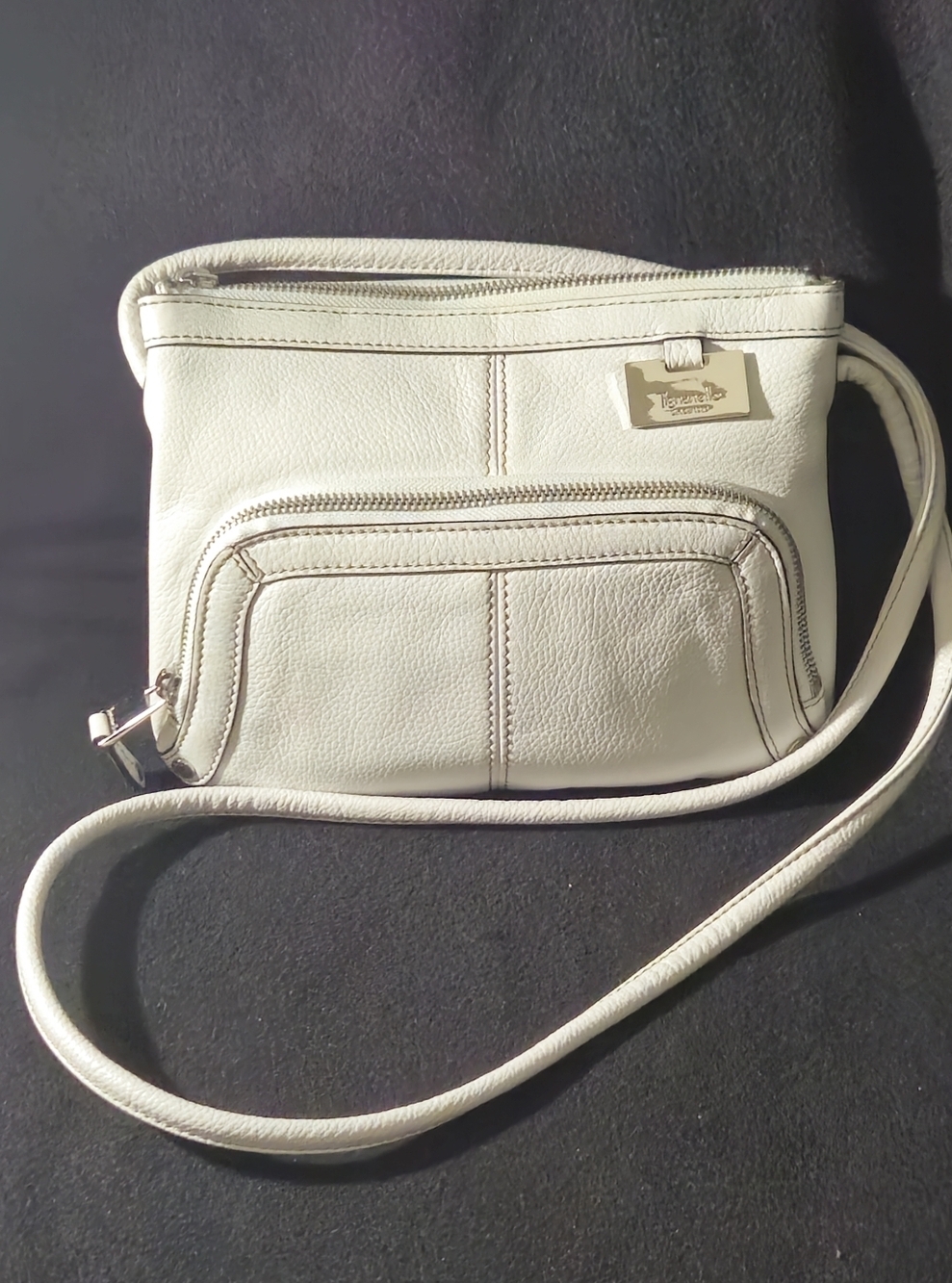 Tignanello Off White Pebble Leather Crossbody with Front Zip Pocket